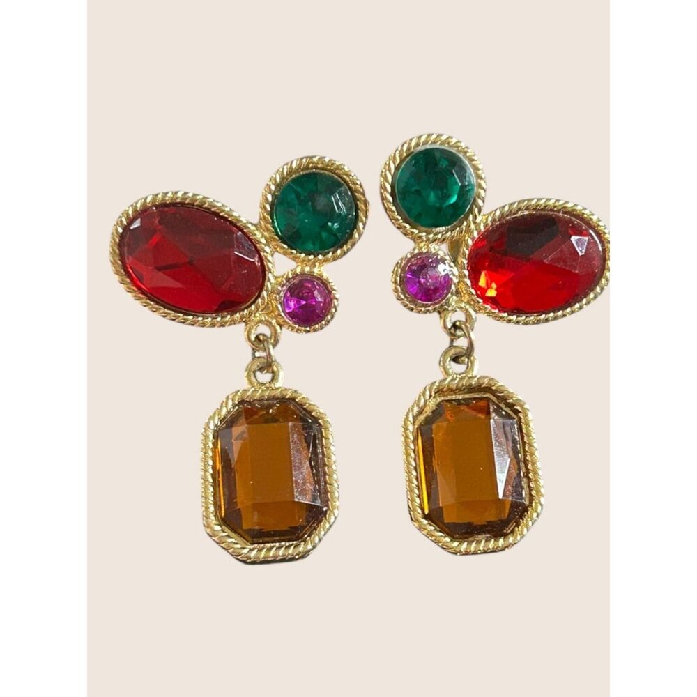 👑 VTG ETRUSCAN STYLE JEWEL TONE RHINESTONE DANGLE EARRINGS GOLD RUNWAY DROP